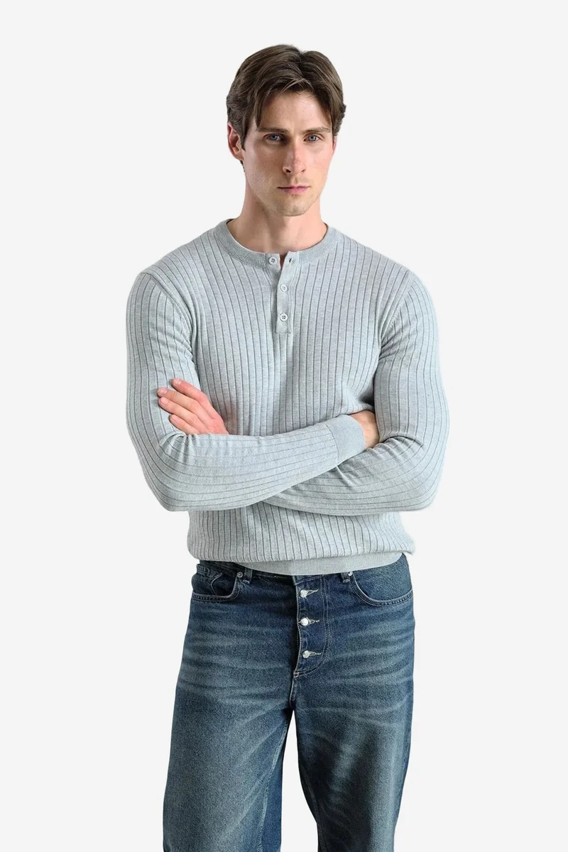 Giesto Grey GIESTO Slim Fit Crew Neck T-Shirt with Button Detail for Men | Best Price UAE