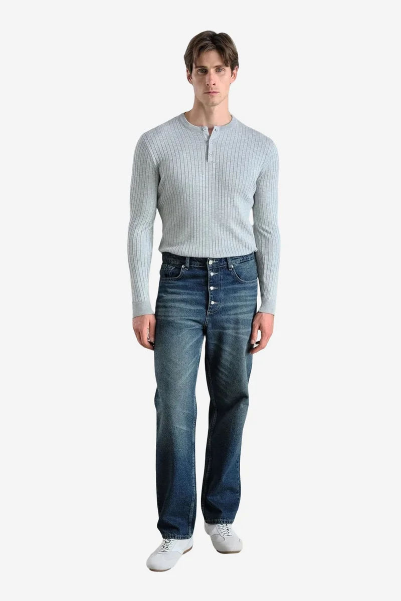 Giesto Grey GIESTO Slim Fit Crew Neck T-Shirt with Button Detail for Men | Best Price UAE