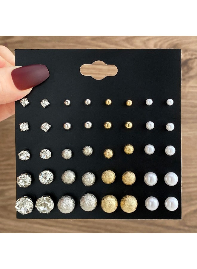 Woofixer 20 pairs of earrings, minimalist style, crystal pearls, round and cubic kink alloy earrings, unisex - Image 1