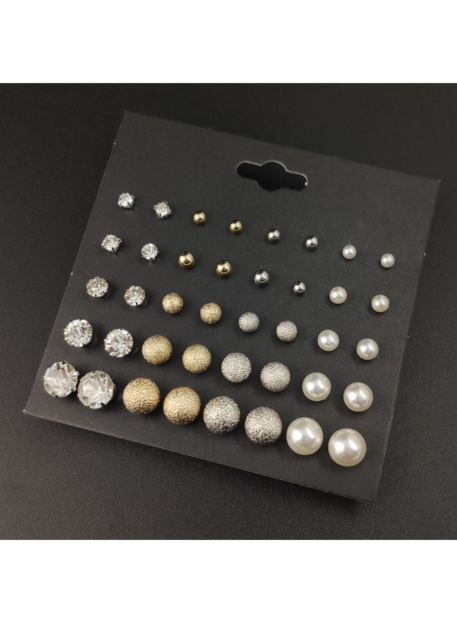Woofixer 20 pairs of earrings, minimalist style, crystal pearls, round and cubic kink alloy earrings, unisex - Image 2
