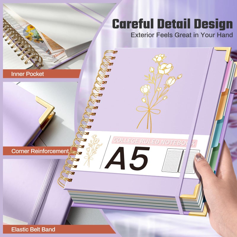 Ovesmusl Hardcover Spiral Notebooks 6.1" X 8.4" Note Taking 5 Subject Notebook College Ruled with Dividers 240 Pages 100GSM Aesthetic Spiral Notebook for Work School Cute Journals for Women Writing, Purple - Image 3