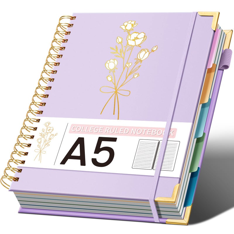Ovesmusl Hardcover Spiral Notebooks 6.1" X 8.4" Note Taking 5 Subject Notebook College Ruled with Dividers 240 Pages 100GSM Aesthetic Spiral Notebook for Work School Cute Journals for Women Writing, Purple - Image 1