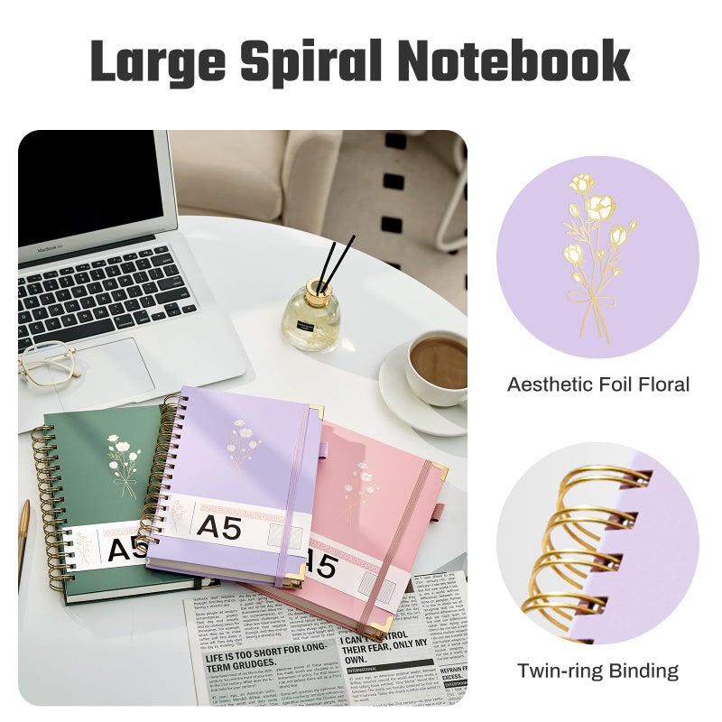 Ovesmusl Hardcover Spiral Notebooks 6.1" X 8.4" Note Taking 5 Subject Notebook College Ruled with Dividers 240 Pages 100GSM Aesthetic Spiral Notebook for Work School Cute Journals for Women Writing, Purple - Image 4