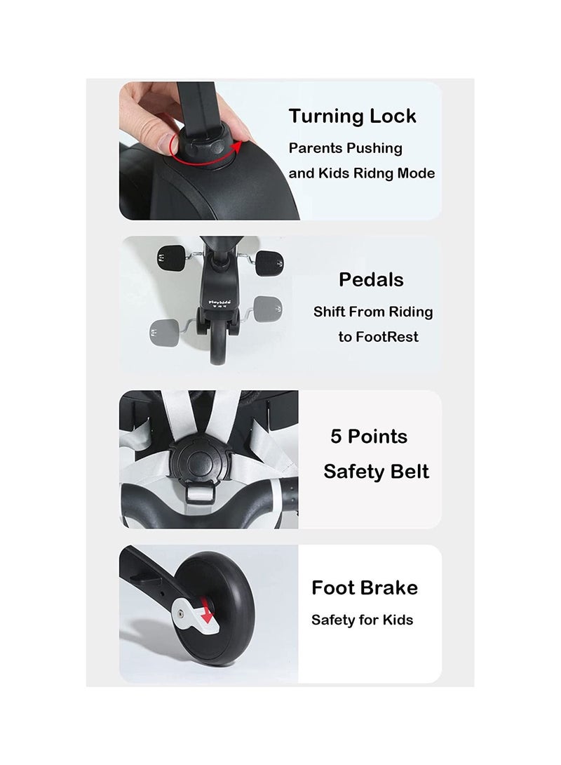 GT-Wheel Baby Foldable Tricycle 7 in 1, Trike for Toddlers Age 1.5-5, Tricycle with Push Handle for Kids, Boy Girl Outdoor Toy Bike, All Terrain Rubber Wheel, Reversible Seat with Canopy (Panda Black)  - Image 3