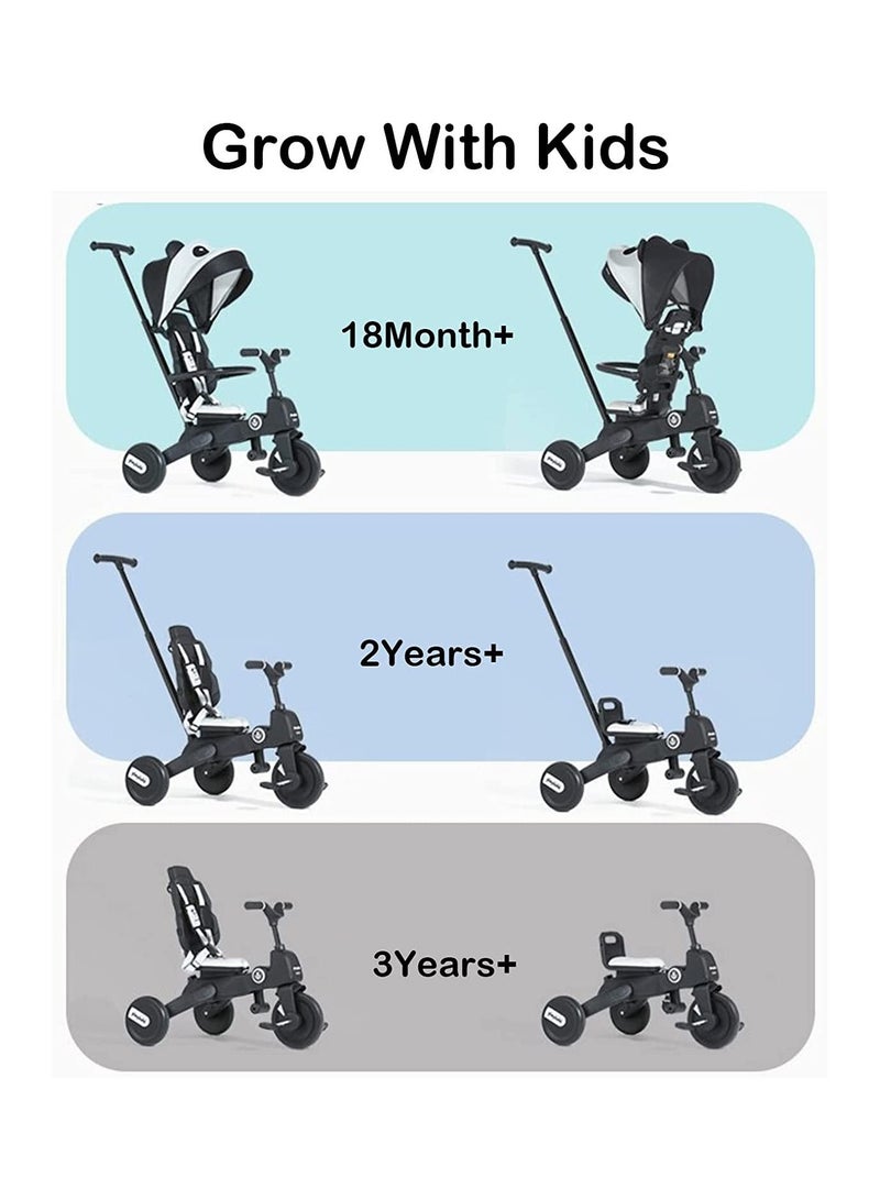 GT-Wheel Baby Foldable Tricycle 7 in 1, Trike for Toddlers Age 1.5-5, Tricycle with Push Handle for Kids, Boy Girl Outdoor Toy Bike, All Terrain Rubber Wheel, Reversible Seat with Canopy (Panda Black)  - Image 2