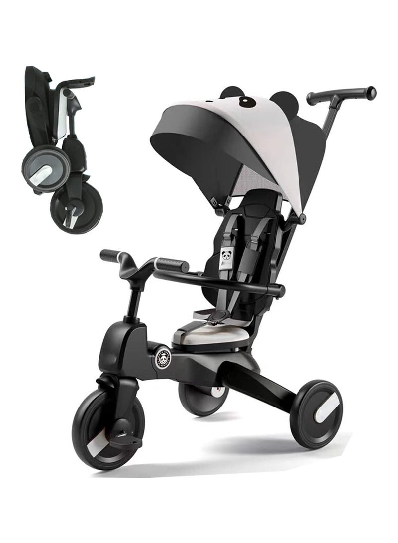 GT-Wheel Baby Foldable Tricycle 7 in 1, Trike for Toddlers Age 1.5-5, Tricycle with Push Handle for Kids, Boy Girl Outdoor Toy Bike, All Terrain Rubber Wheel, Reversible Seat with Canopy (Panda Black)  - Image 1