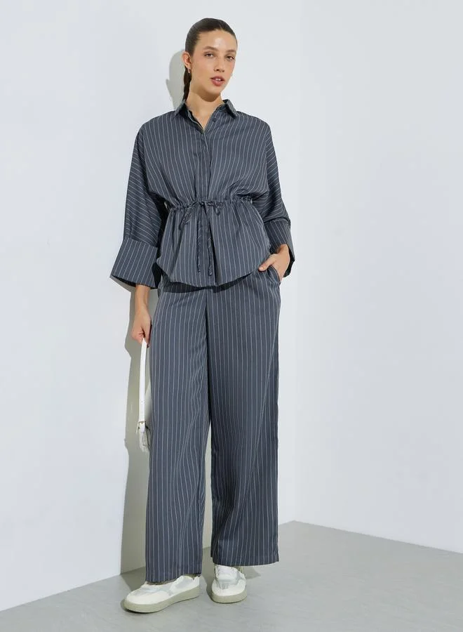 Styli Charcoal Pinstripe Drawstring Waist Shirt