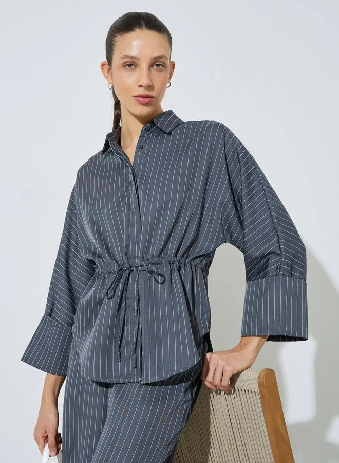 Styli Charcoal Pinstripe Drawstring Waist Shirt