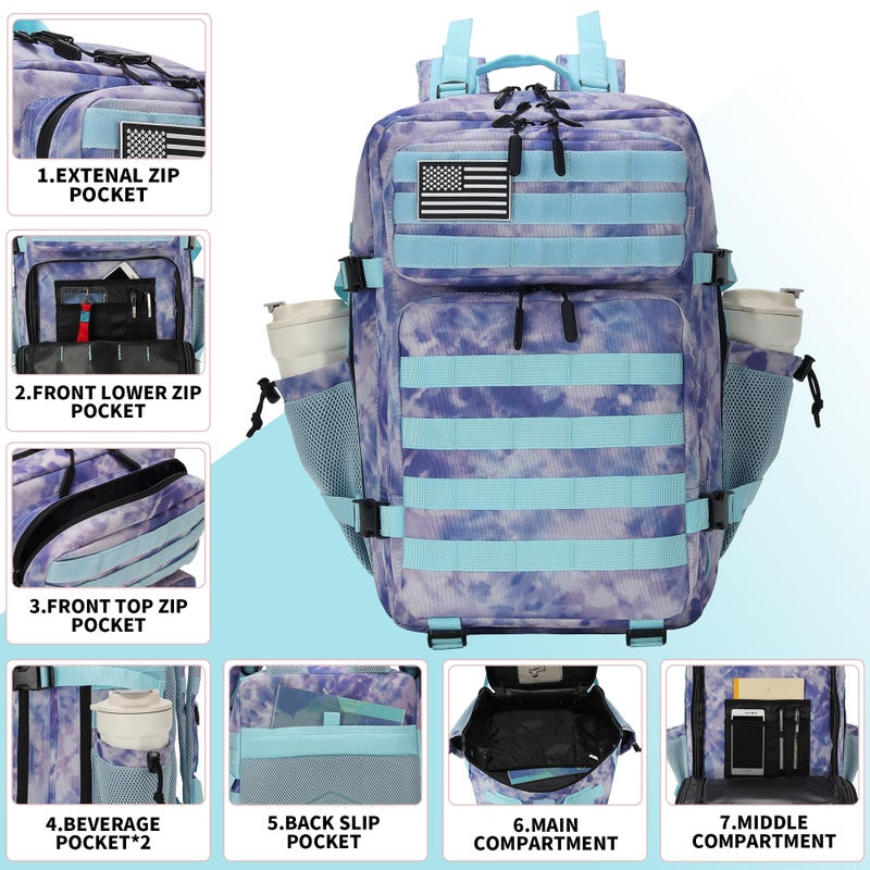 Lovelinks21 45L Tactical Assault Backpack 3 day assault pack with Molle Waterproof backpack Rucksack for Tactical Backpacks (Blue Tie-Dye) - Image 2