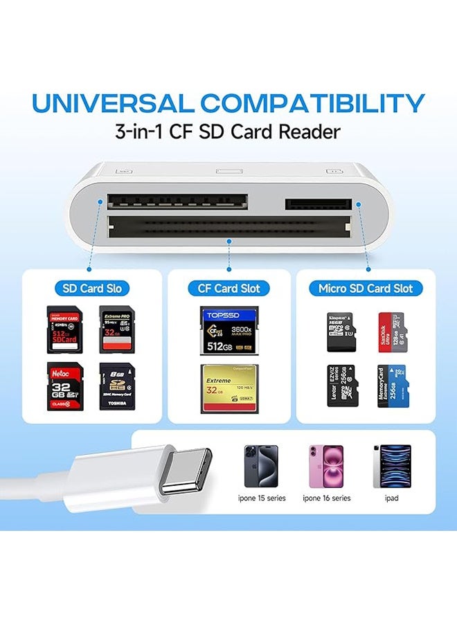 USB C SD Card Reader for iPhone 17/16/15/iPad/Mac, 3 in 1 USBC Memory Card Reader with Compact Flash/CF/SD/TF Card, Digital Camera Adapter iPhone SD Card Reader Compatible with MacBook Pro/Air - Image 3