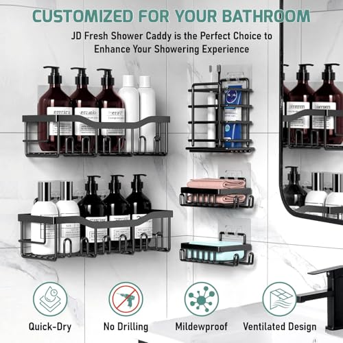 JD FRESH 5 in 1 Self Adhesive Bathroom Shelf Combo/Bathroom Organiser Without Drill/Metal Rust-Proof Strong Adhesive Wall Shelves/Soap Holder with Tooth Brush Holder/Multipurpose Storage Rack (Black) - Image 3