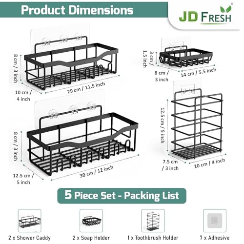 JD FRESH 5 in 1 Self Adhesive Bathroom Shelf Combo/Bathroom Organiser Without Drill/Metal Rust-Proof Strong Adhesive Wall Shelves/Soap Holder with Tooth Brush Holder/Multipurpose Storage Rack (Black) - Image 2
