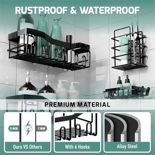 JD FRESH 5 in 1 Self Adhesive Bathroom Shelf Combo/Bathroom Organiser Without Drill/Metal Rust-Proof Strong Adhesive Wall Shelves/Soap Holder with Tooth Brush Holder/Multipurpose Storage Rack (Black) - Image 4