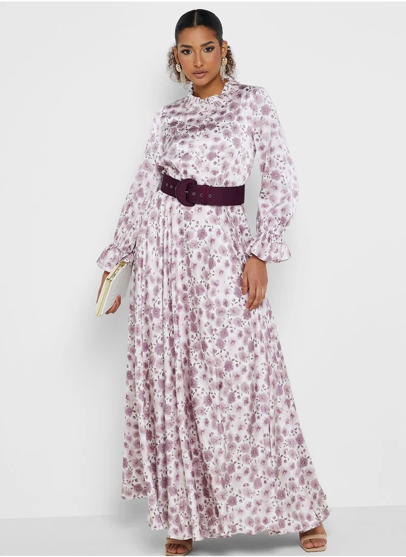 مونتانيا Floral Print Tiered Belted Dress