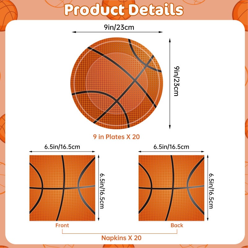 Litmitfu 40 Pcs Basketball Plates and Napkins Sets - Sports Birthday Party Supplies Tableware, Brown Disposable Paper Plates Napkins Kit for Basketball Birthday Party Decorations Table Decor, Serves 20 - Image 3