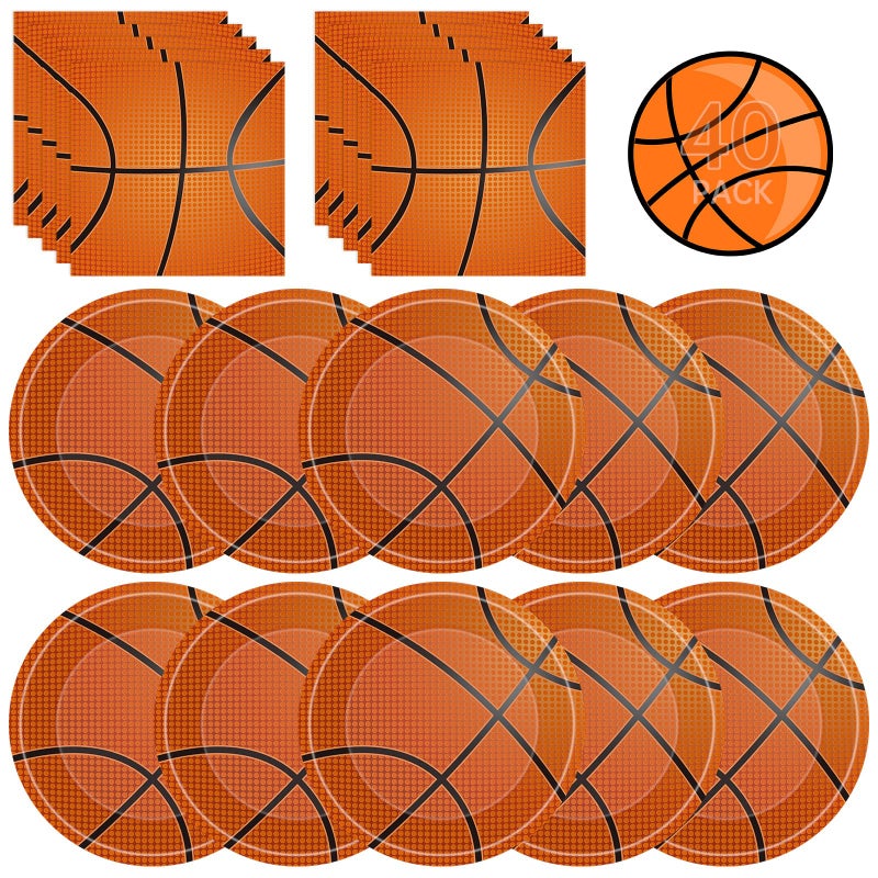 Litmitfu 40 Pcs Basketball Plates and Napkins Sets - Sports Birthday Party Supplies Tableware, Brown Disposable Paper Plates Napkins Kit for Basketball Birthday Party Decorations Table Decor, Serves 20 - Image 1