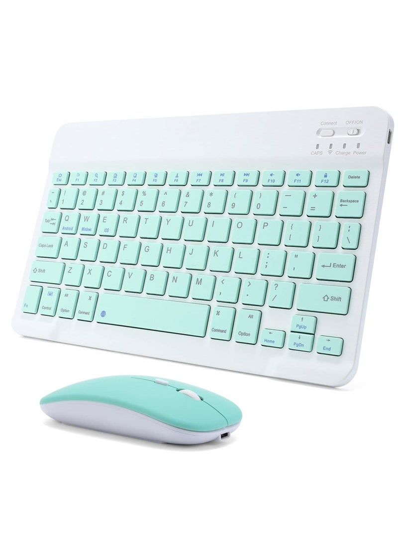 Rechargeable Bluetooth Keyboard and Mouse Combo Ultra-Slim Portable Compact Wireless Mouse Keyboard Set for Android Windows Tablet Cell Phone iPhone iPad Pro Air Mini, iPad OS/iOS 13 and above (Green)