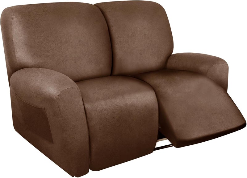 ANARACHON Loveseat Recliner Cover Leather Look Recliner Loveseat Covers Recliner Sofa Cover for 2 Seater Reclining Couch Spandex Fabric Washable 6 Pieces (2 Seater, 01 Brown) - Image 1