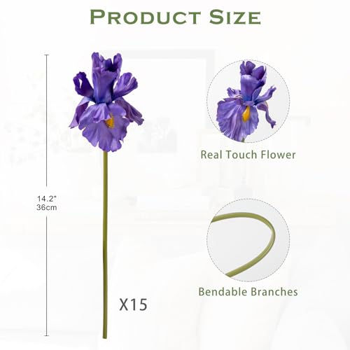 Hollyone Iris Artificial Flowers 15Pcs Faux Iris Purple Flowers 142 Real Touch Fake Flowers Picks Bouquets for Wedding Bridal Home Arrangements Office Table Centerpieces Decor - Image 3