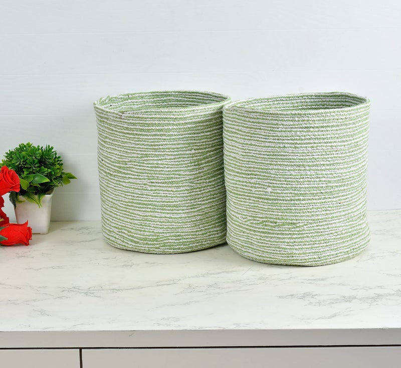 LaVichitra Braided Cotton Baskets | Storage Bins Organizer | Laundry, Toys & Planter Basket- Set of 2 (10 Inch), Green - Image 1