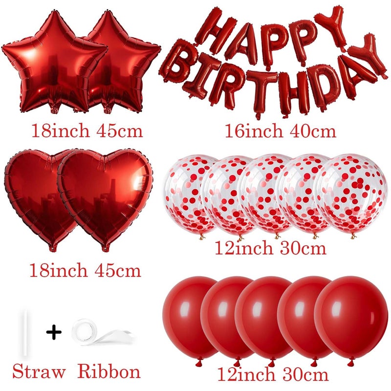 WEIKA 27 Pcs Red Birthday Decorations, 3D Foil Red Happy Birthday Balloon Banner, Pentagram Heart Foil Balloons Confetti Balloons Kit For Boys Girls Birthday Party Supplies - Image 2