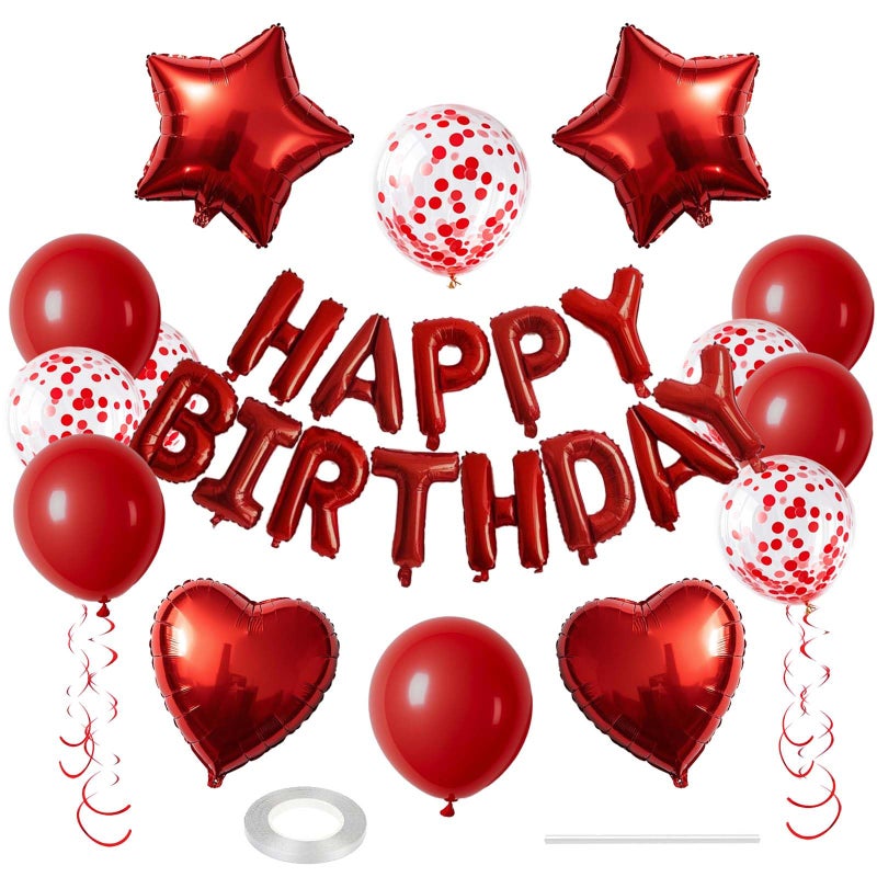 WEIKA 27 Pcs Red Birthday Decorations, 3D Foil Red Happy Birthday Balloon Banner, Pentagram Heart Foil Balloons Confetti Balloons Kit For Boys Girls Birthday Party Supplies - Image 1