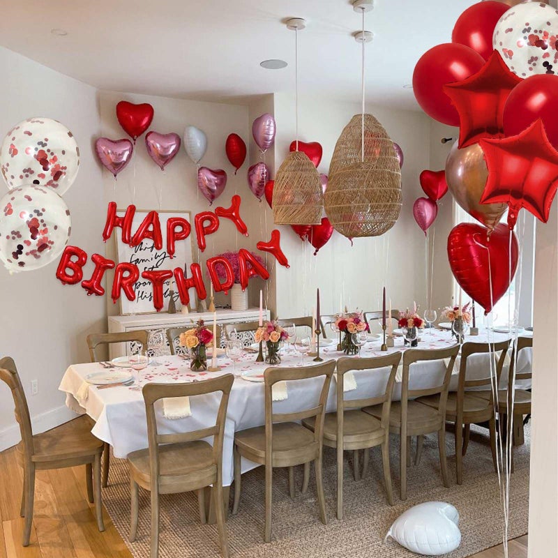 WEIKA 27 Pcs Red Birthday Decorations, 3D Foil Red Happy Birthday Balloon Banner, Pentagram Heart Foil Balloons Confetti Balloons Kit For Boys Girls Birthday Party Supplies - Image 4