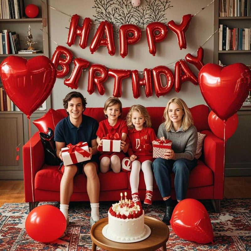 WEIKA 27 Pcs Red Birthday Decorations, 3D Foil Red Happy Birthday Balloon Banner, Pentagram Heart Foil Balloons Confetti Balloons Kit For Boys Girls Birthday Party Supplies - Image 5