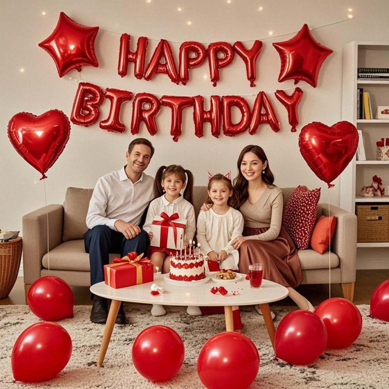 WEIKA 27 Pcs Red Birthday Decorations, 3D Foil Red Happy Birthday Balloon Banner, Pentagram Heart Foil Balloons Confetti Balloons Kit For Boys Girls Birthday Party Supplies - Image 3