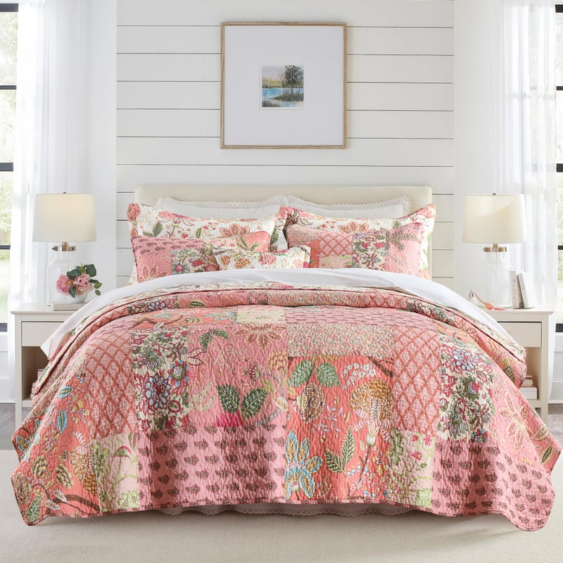 NEWLAKE Cotton Patchwork Bedspread 3Piece Bedding Quilt Set with Real Stitched Embroidery Reversible Matelasse Bed Coverlet SetBohemian Floral King Size