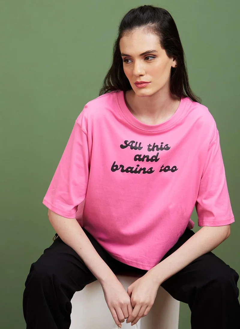 globus Globus Women Pink Typography Round Neck Cotton Boxy Fit Casual T-Shirt