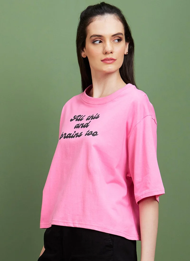 globus Globus Women Pink Typography Round Neck Cotton Boxy Fit Casual T-Shirt