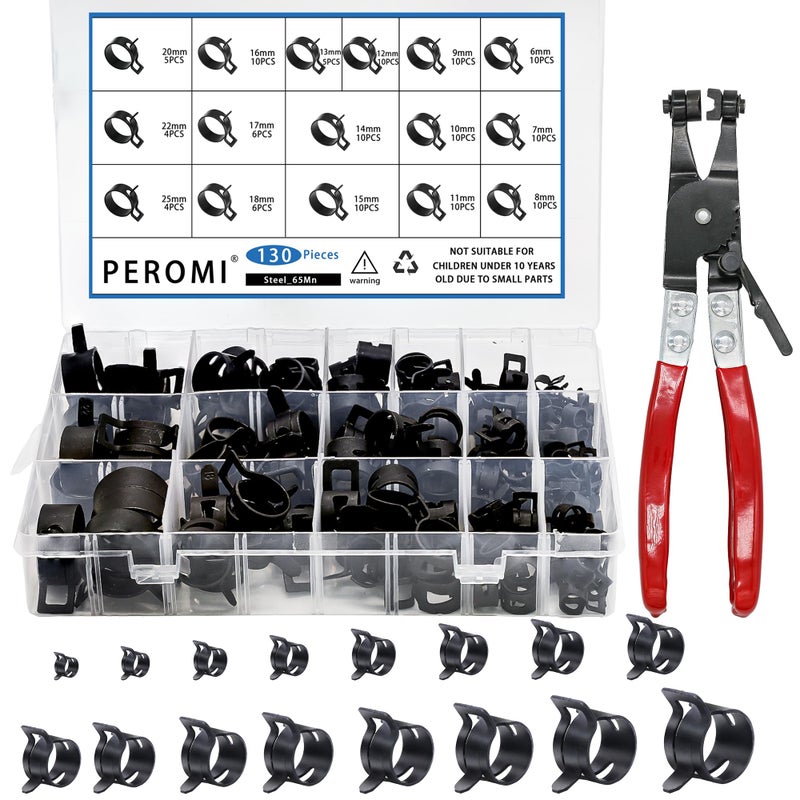 PEROMI 130Pcs 6-25mm Spring Band Hose Clamps With Swivel Flat Hose Clamp Plier Assortment Kit, Constant Tension Steel Clamps for Fuel Lines, Silicone, Vacuum Hoses & Low-Pressure Air Clips By PEROMI - Image 1