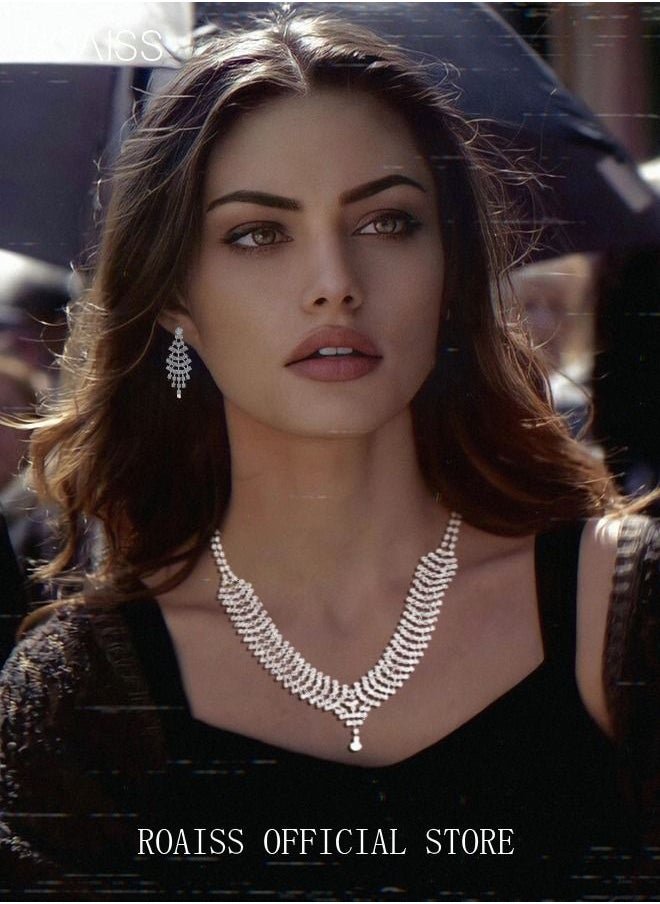 roaiss - 3Pcs Rhinestone Jewelry Set Shinning Necklace Zircon Earrings Pendant Dress Accessory Chic Gift for Women Ladies Mother Wife Bridesmaids Wedding Party Sliver - Image 1
