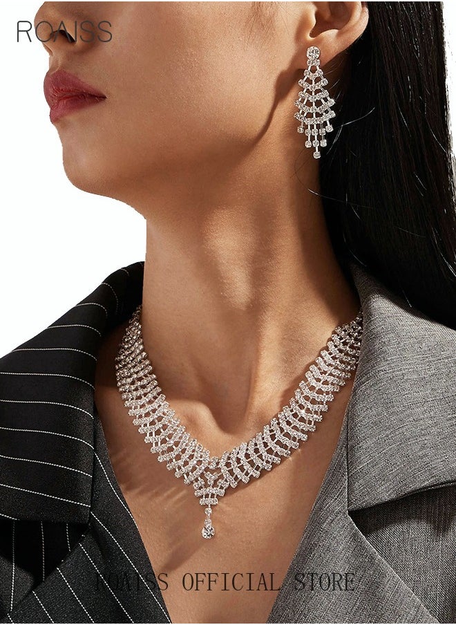 roaiss - 3Pcs Rhinestone Jewelry Set Shinning Necklace Zircon Earrings Pendant Dress Accessory Chic Gift for Women Ladies Mother Wife Bridesmaids Wedding Party Sliver - Image 1
