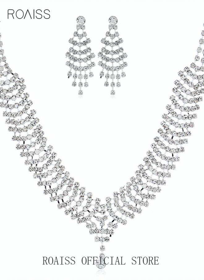roaiss - 3Pcs Rhinestone Jewelry Set Shinning Necklace Zircon Earrings Pendant Dress Accessory Chic Gift for Women Ladies Mother Wife Bridesmaids Wedding Party Sliver - Image 1