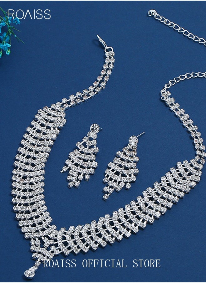 roaiss - 3Pcs Rhinestone Jewelry Set Shinning Necklace Zircon Earrings Pendant Dress Accessory Chic Gift for Women Ladies Mother Wife Bridesmaids Wedding Party Sliver - Image 1