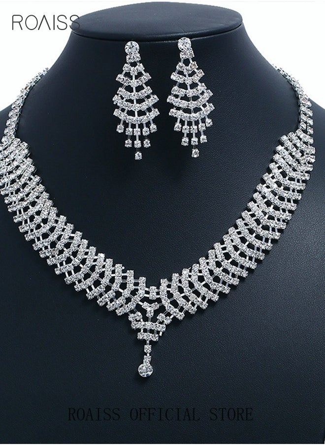 roaiss - 3Pcs Rhinestone Jewelry Set Shinning Necklace Zircon Earrings Pendant Dress Accessory Chic Gift for Women Ladies Mother Wife Bridesmaids Wedding Party Sliver - Image 1