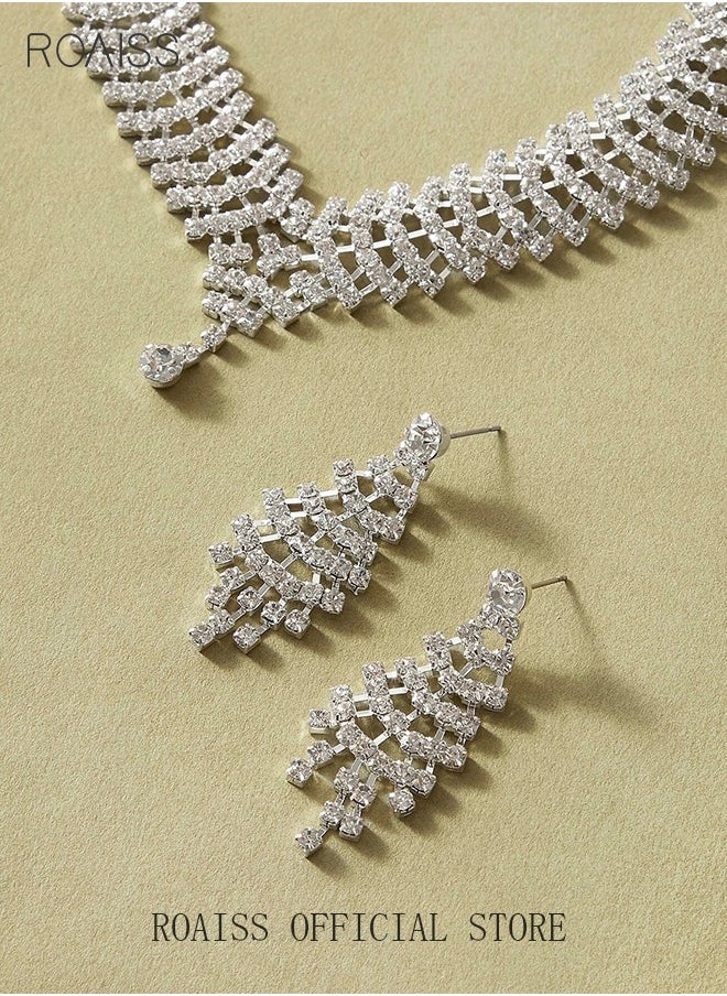 roaiss - 3Pcs Rhinestone Jewelry Set Shinning Necklace Zircon Earrings Pendant Dress Accessory Chic Gift for Women Ladies Mother Wife Bridesmaids Wedding Party Sliver - Image 1