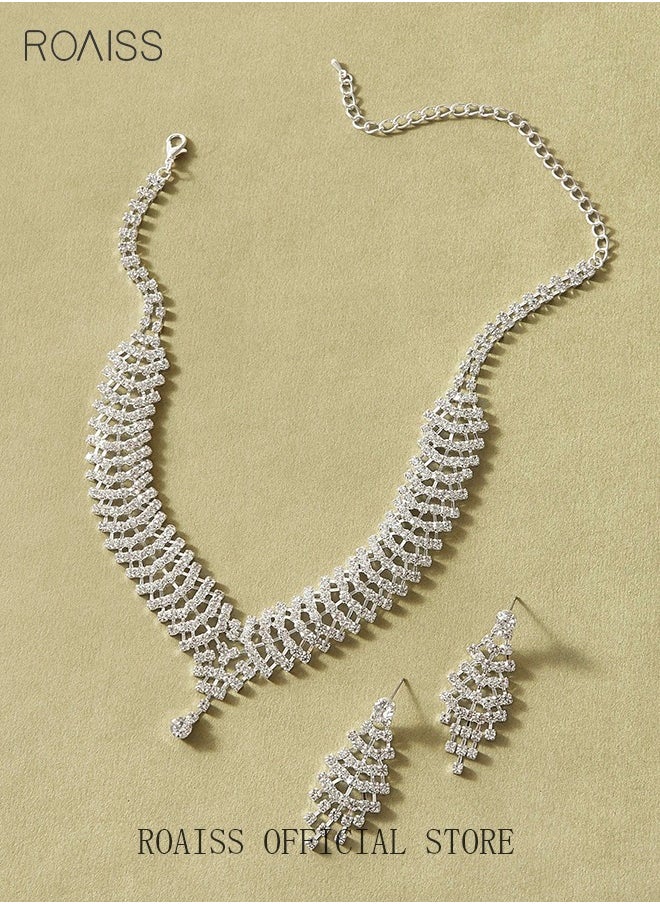 roaiss - 3Pcs Rhinestone Jewelry Set Shinning Necklace Zircon Earrings Pendant Dress Accessory Chic Gift for Women Ladies Mother Wife Bridesmaids Wedding Party Sliver - Image 1