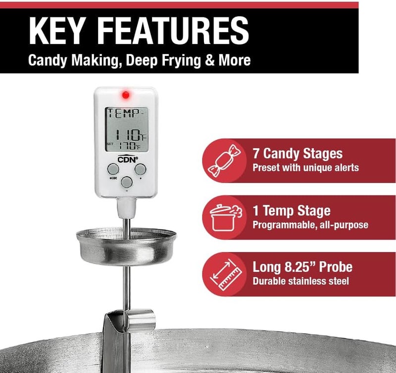 CDN Digital Candy Thermometer Long 8'' Stainless Steel Stem, Adjustable Pot Clip, Preset Candy Stages with Audio/Visual Alerts, Instant Read For Cooking, Deep Frying & Oil - DTC450 - Image 2