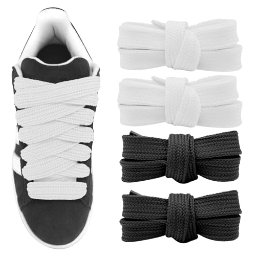 UamGlsob 2 Pairs 3/4''(2cm) Fat Flat Shoe Laces, 39''-63'' Length Flat Thick Wide Shoelaces, Jumbo Shoe Strings Replacement Laces for Skate Shoes (Black+White, 45"/115cm) - Image 1