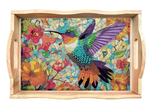EWJRNSF 5D Diamond Painting Flowers Diamond Art Kits for Adults Wooden Serving Trays with Handles Big Gem Arts and Craft Gifts Trays Decor Gift Home Decor 78x118 Inches Hummingbird - Image 1