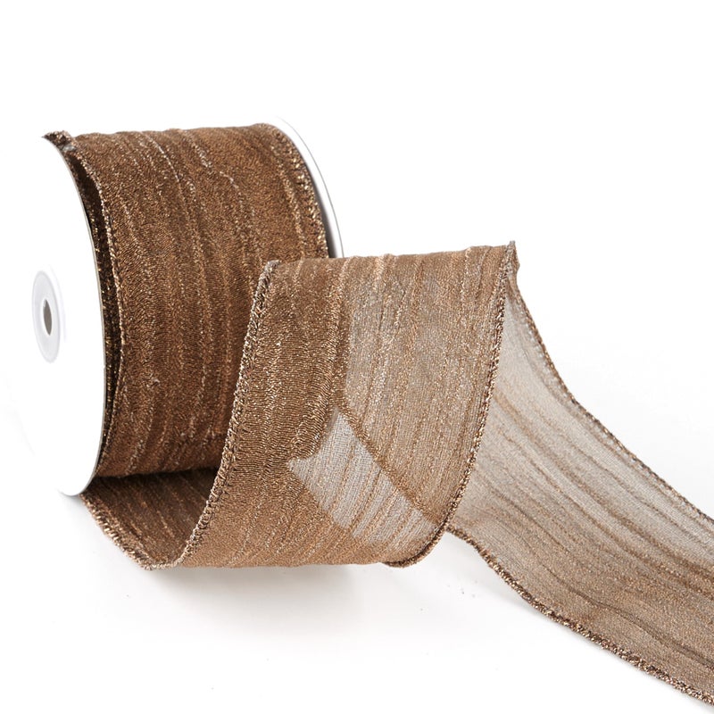 MAYREEL Copper Wired Ribbon 25 Inch Brown Crinkle Sheer Ribbon for Fall Christmas Tree Wreaths Bows Rustic Wedding Gift Wrapping Farmhouse Thanksgiving 10 Yards