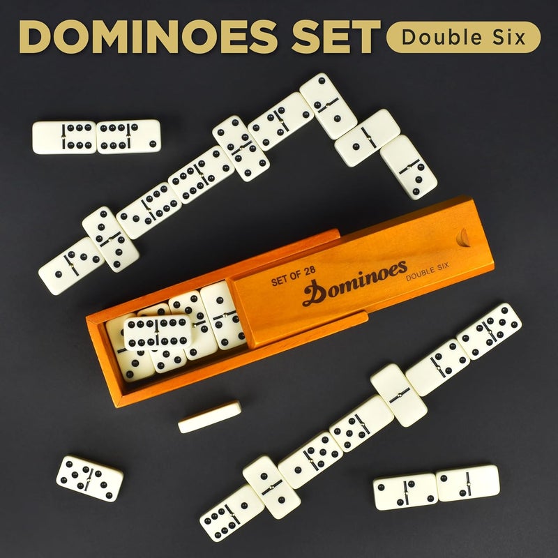 Queensell Dominos Set for Adults – Dominoes - Classic Board Games, Double 6 Dominoes Family Games for Kids and Adults - Double Six Standard Dominos Set 28 Tiles with Wood Case, Juegos de Mesa - Image 2