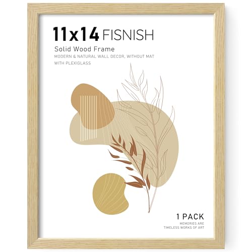 Fisnish 11x14 Picture Frame, Natural Solid Wooden Picture Frames, Display 11x14 Photos without Mat, Horizontal or Vertical Wall Mounting, Oak Wood Grain, 1 Pack - Image 1