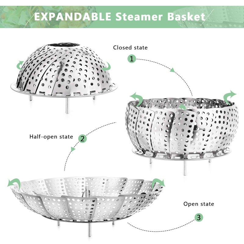 Buylorco Steamer Basket Stainless Steel Vegetable Steamer Extendable Folding Veggie Steamer Basket Fit for Various Size Pots (5" to 9") - Image 2