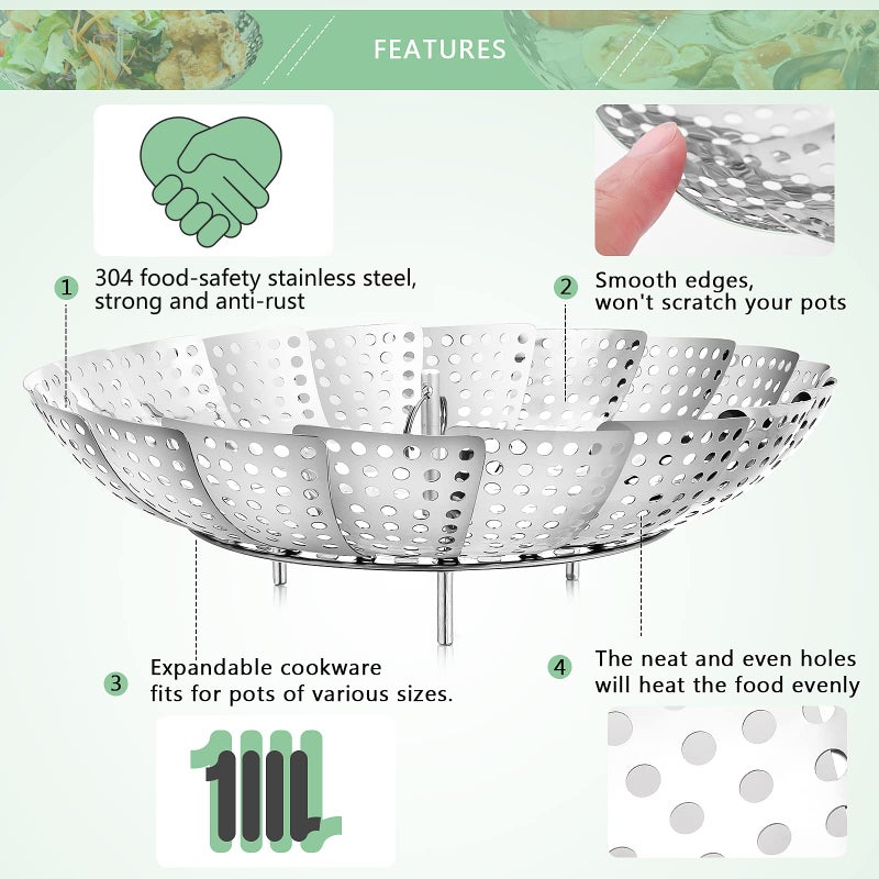 Buylorco Steamer Basket Stainless Steel Vegetable Steamer Extendable Folding Veggie Steamer Basket Fit for Various Size Pots (5" to 9") - Image 4