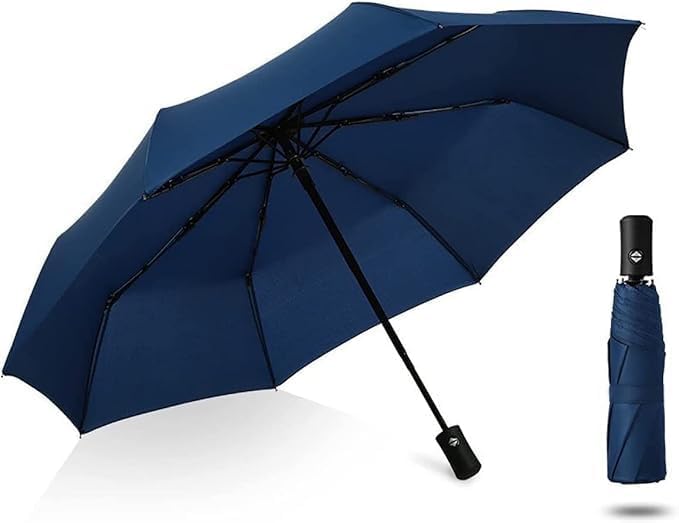 ChicAbode Windproof Travel Umbrella, Auto Open Close Folding Umbrella with 9 Reinforced Ribs, Teflon Coated Canopy, Portable and Lightweight for Men and Women, Anti-UV, Blue - Image 1