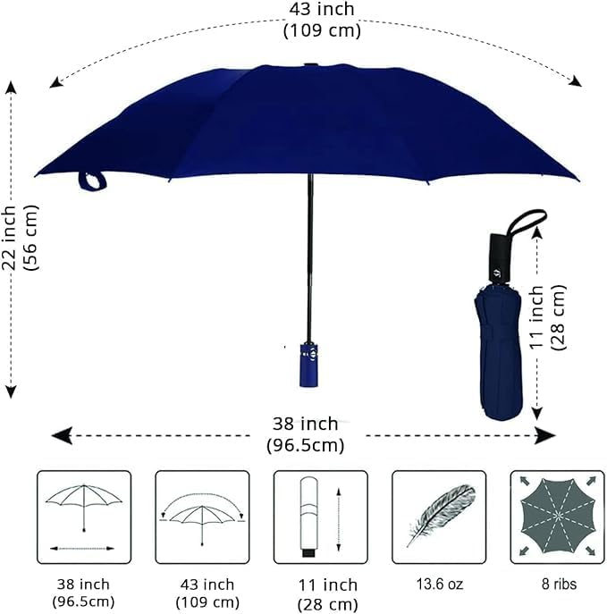 ChicAbode Windproof Travel Umbrella, Auto Open Close Folding Umbrella with 9 Reinforced Ribs, Teflon Coated Canopy, Portable and Lightweight for Men and Women, Anti-UV, Blue - Image 2